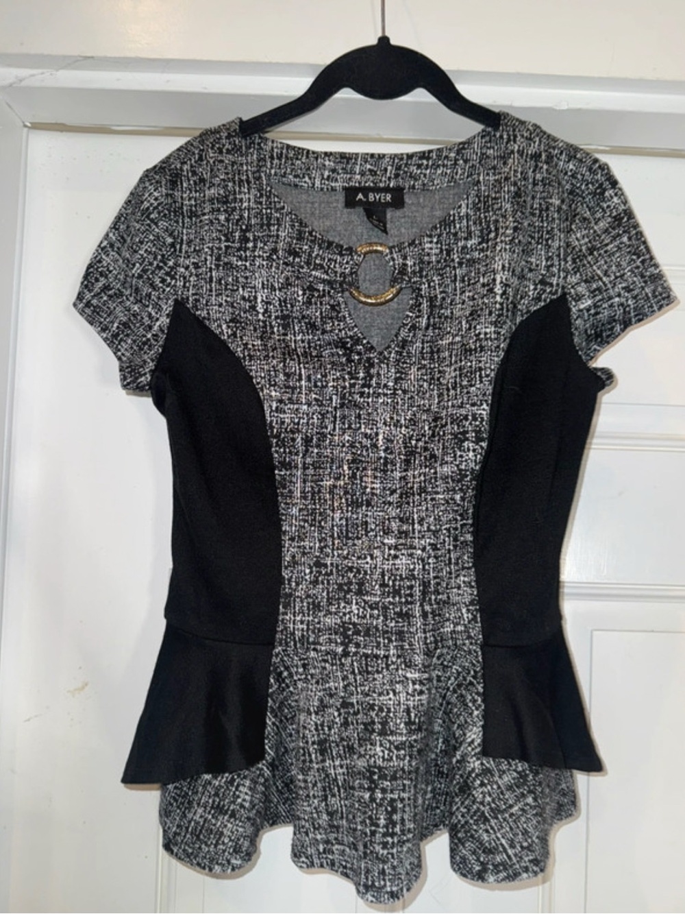 A. Byer Black and Gray Tweed-Style Peplum Top with Ring Detail